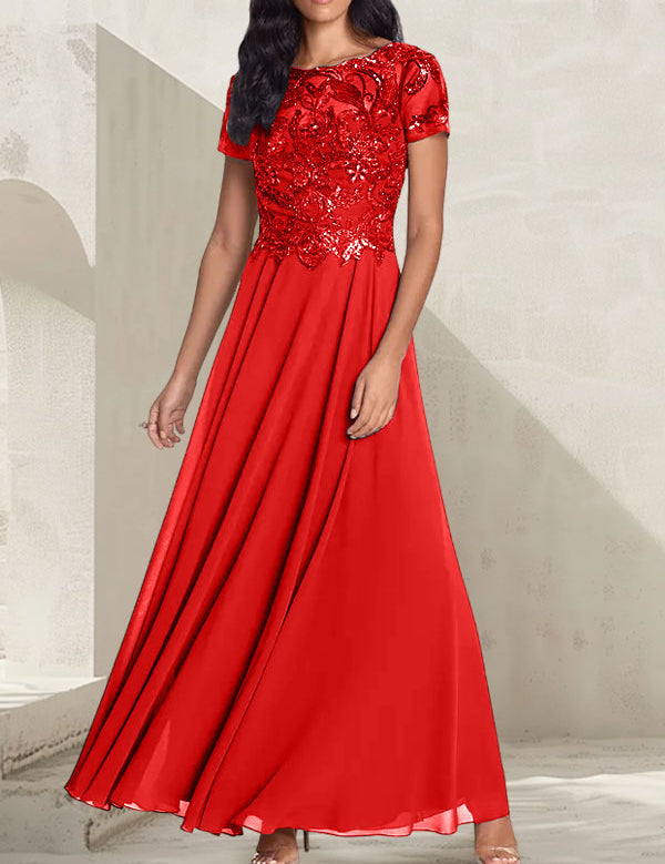 Robe longue de mère de la mariée gris anthracite, coupe trapèze et décolletée, avec perles