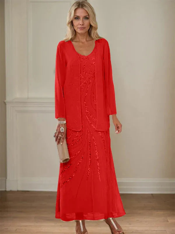 Robe de mère de la mariée fourreau/colonne, col en V, longueur cheville, avec veste et paillettes 