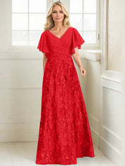 Robe de mère de la mariée trapèze, col en V, longueur au sol, en mousseline de soie et dentelle à sequins, avec plis 