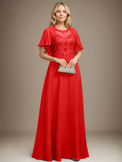 A-line Scoop Illusion Floor-Length Lace Chiffon Mother of the Bride Dress With Sequins