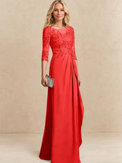 A-line Scoop Illusion Floor-Length Chiffon Lace Mother of the Bride Dress With Beading Sequins Cascading Ruffles
