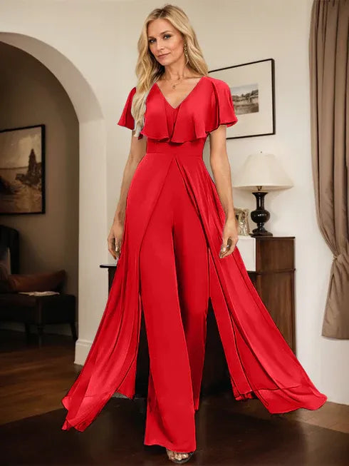Pantsuit V-Neck Floor-Length Chiffon Evening Dress