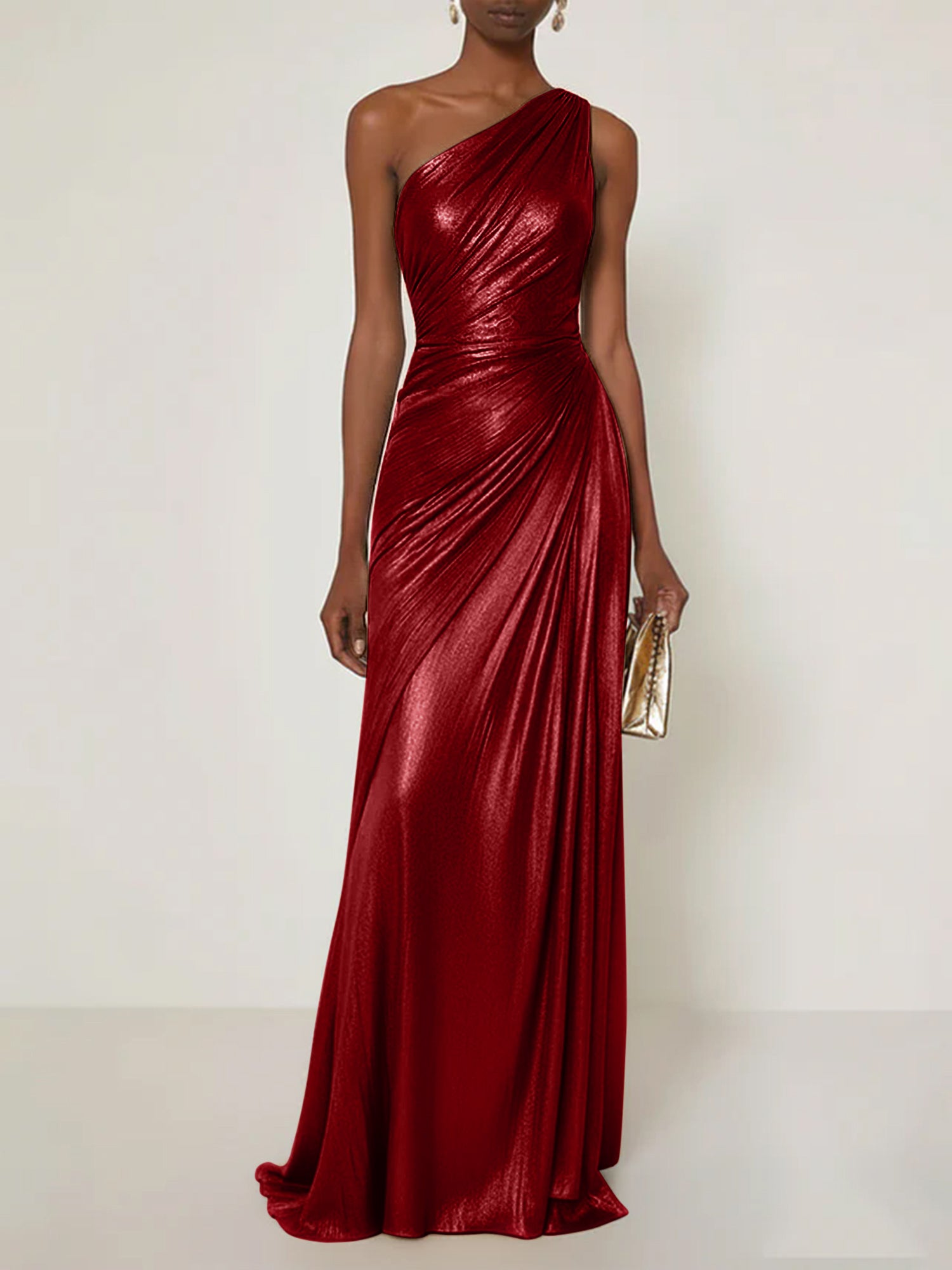 Evening Formal Dress One Shoulder Silk Ruffles Maxi Dress