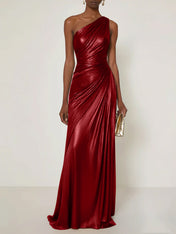 Evening Formal Dress One Shoulder Silk Ruffles Maxi Dress