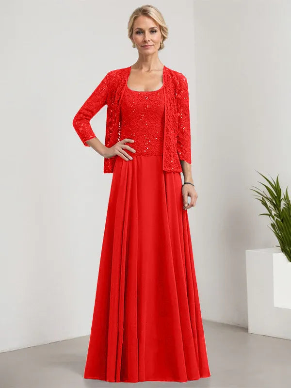 Robe de mère de la mariée trapèze carrée, longueur au sol, en mousseline de soie et dentelle, avec paillettes 