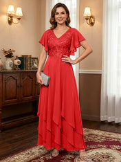 A-line V-Neck Ankle-Length Lace Chiffon Mother of the Bride Dress With Cascading Ruffles
