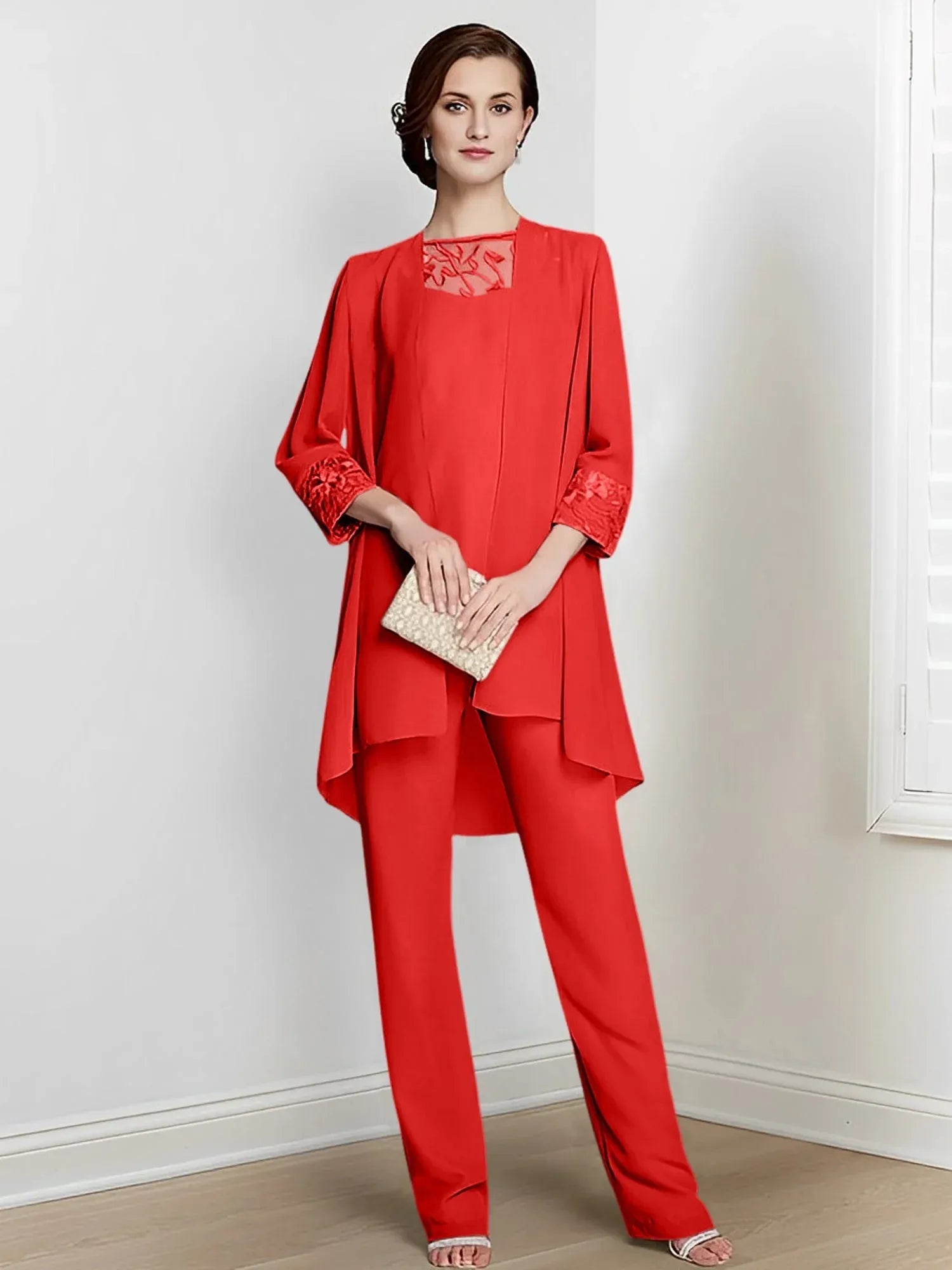 Tailleur-pantalon en mousseline à manches longues pour mère de la mariée avec veste 