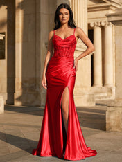 Sky Blue Satin Corset Long Prom Dress with Draped Neckline
