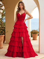 Pink Lace Corset Tiered Ruffle Long Prom Dress