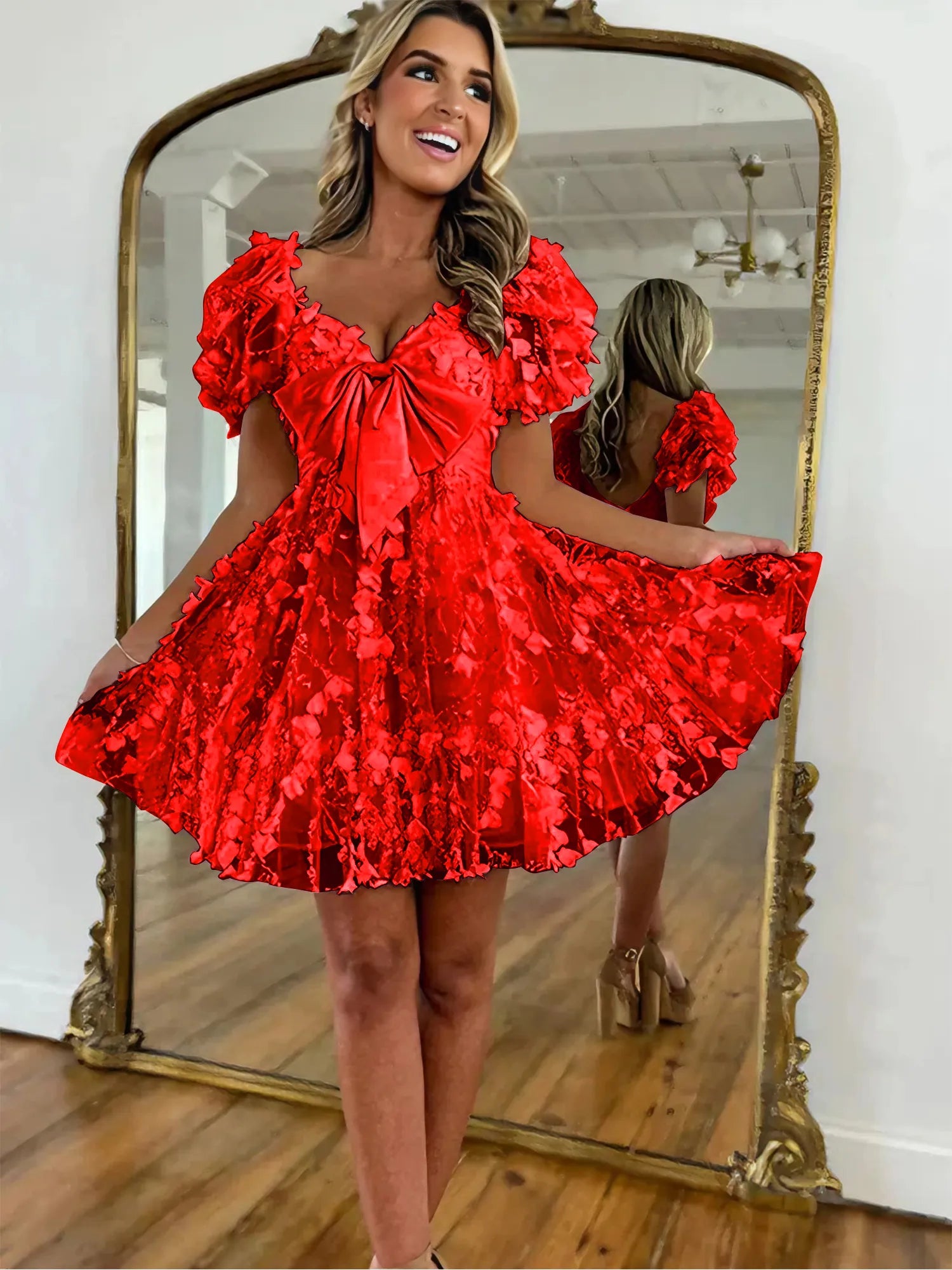 A-Line Puff Sleeves Short Tulle Homecoming Dress With Bowknot