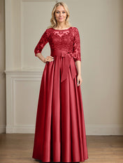 A-line Scoop Illusion Floor-Length Satin Lace Mother of the Bride Dress With Sequins Bow