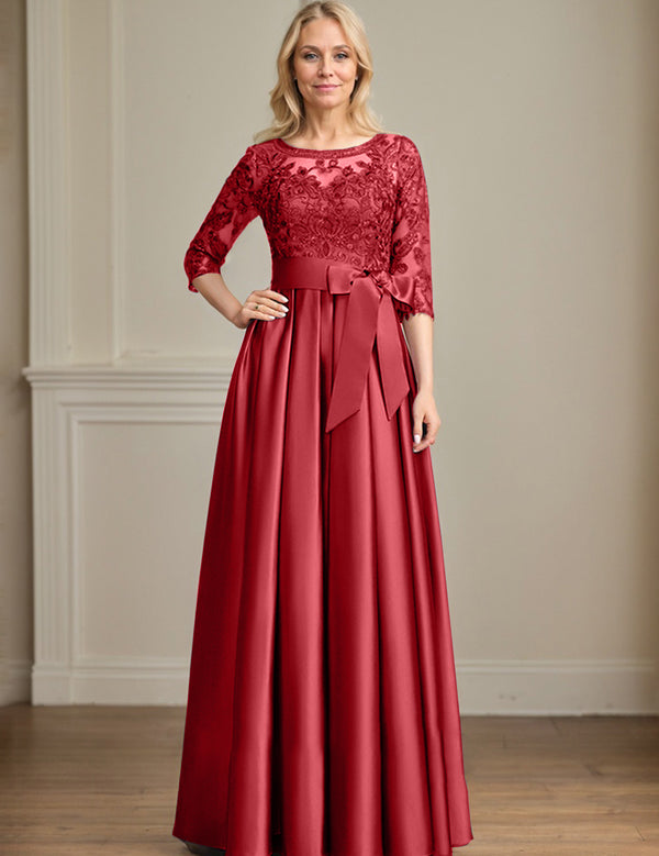 A-line Scoop Illusion Floor-Length Satin Lace Mother of the Bride Dress With Sequins Bow