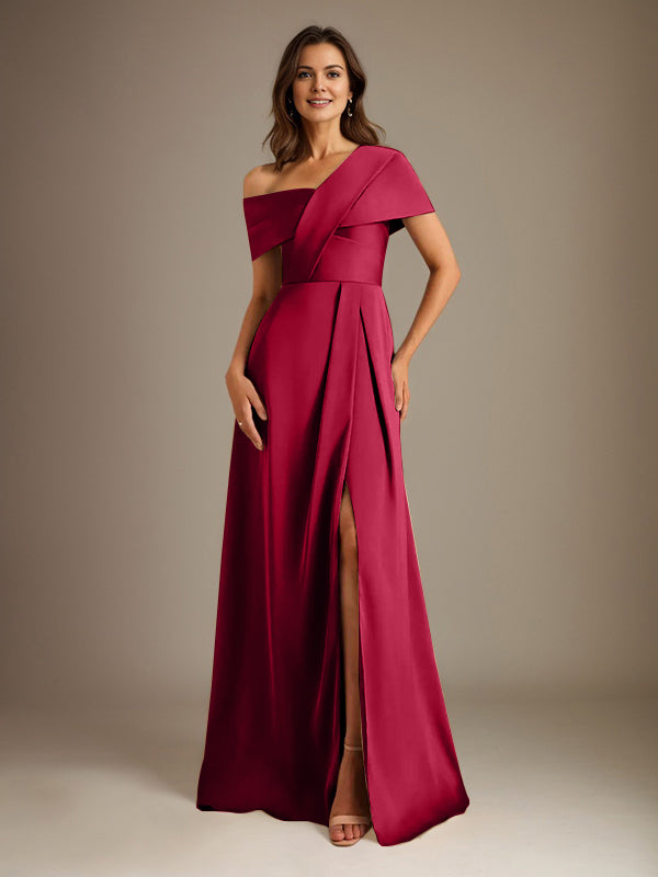 A-Line Asymmetrical Neckline Floor-Length Satin Mother of the Bride Dress With Pleated