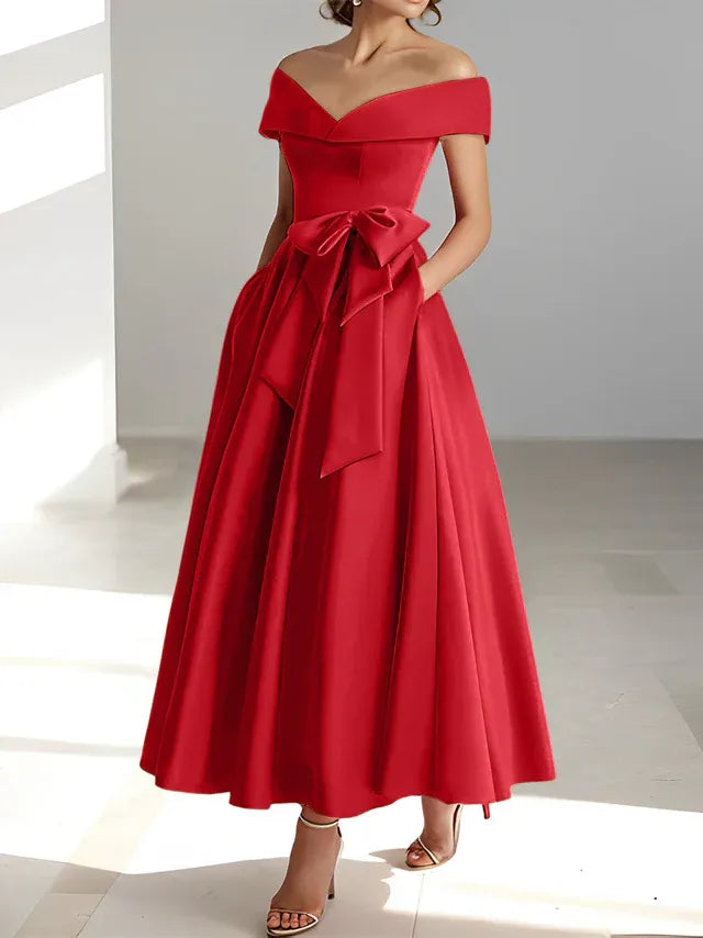 Princess Off-the-Shoulder Sleeveless Ankle-Length Mother of the Bride Dresses with Pockets