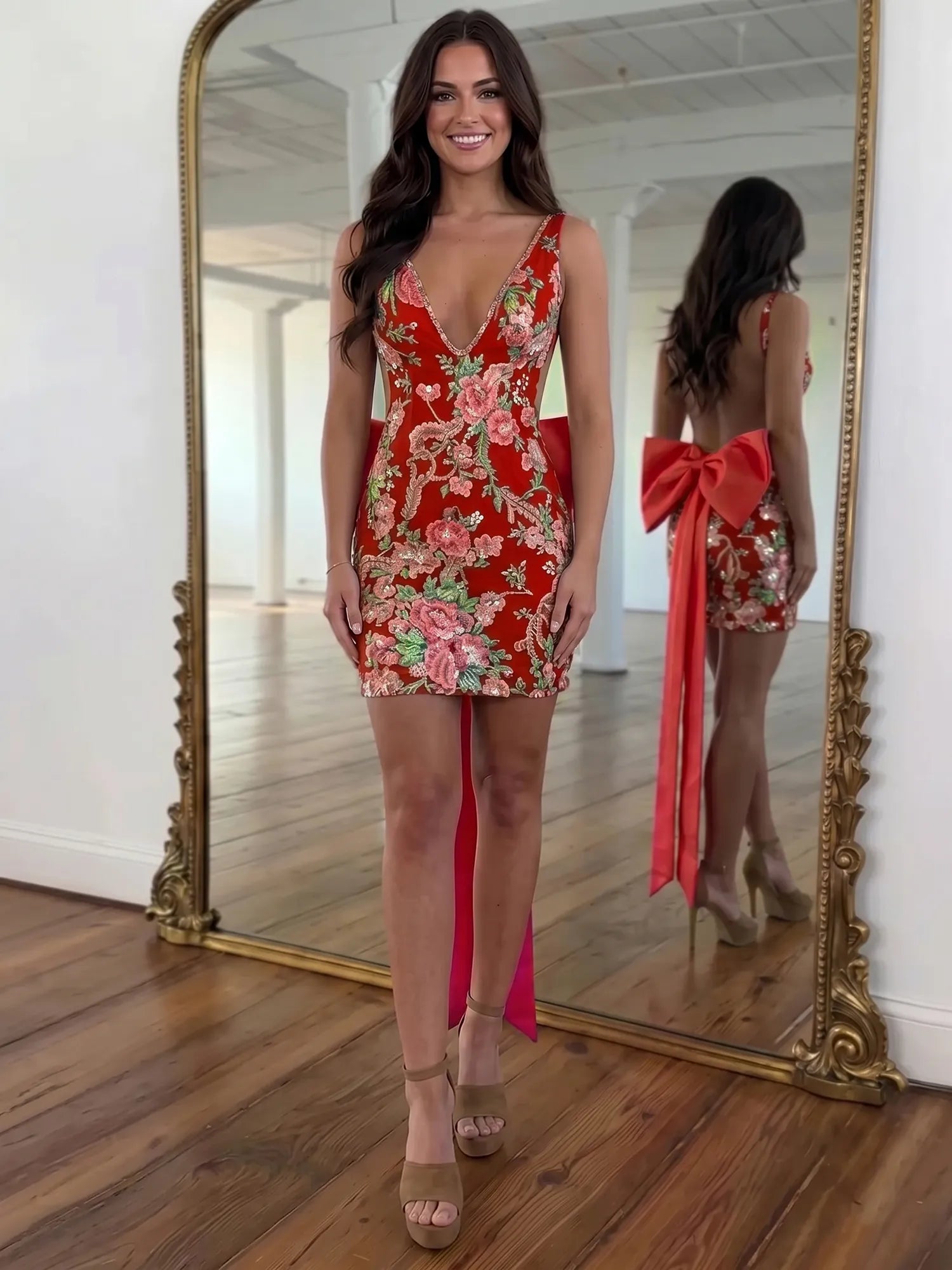 White Floral Embroidered Deep V-Neck Homecoming Dress with Oversized Bow Train