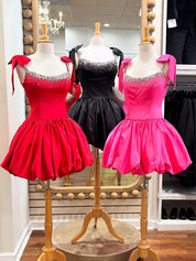 Red A-Line Bateau Bow Straps Satin Beaded Homecoming Dress
