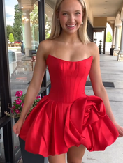 Red A-Line Bateau Strapless Satin Floral Homecoming Dress