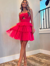 Red A-Line Halter Neck Short Tiered Tulle Homecoming Dress