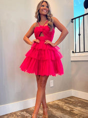 Red A-Line Halter Neck Short Tiered Tulle Homecoming Dress