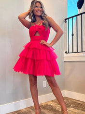 Red A-Line Halter Neck Short Tiered Tulle Homecoming Dress