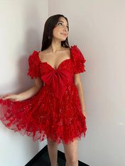 Red A-Line Puff Sleeves Short Tulle Homecoming Dress With Bowknot