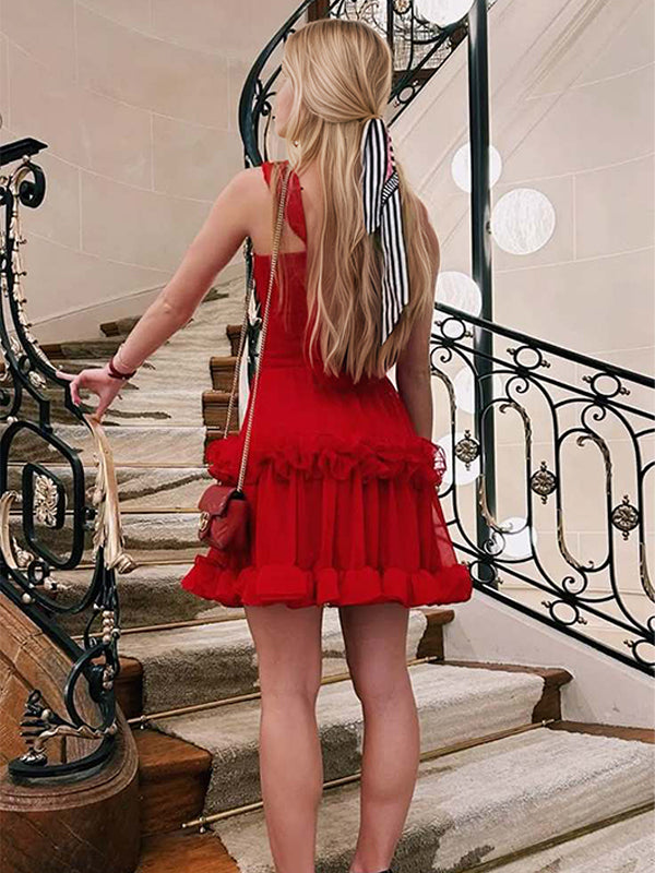 Red A-Line Spaghetti Straps Ruffles Short Homecoming Dress
