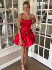 Red A-Line Strapless Puff Homecoming Dress with Cinched Waist