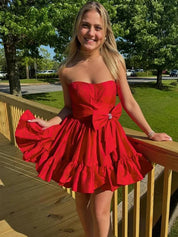 Red A-Line Strapless Short Satin Homecoming Dress With Bowknot