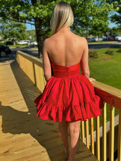 Red A-Line Strapless Short Satin Homecoming Dress With Bowknot