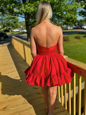Red A-Line Strapless Short Satin Homecoming Dress With Bowknot