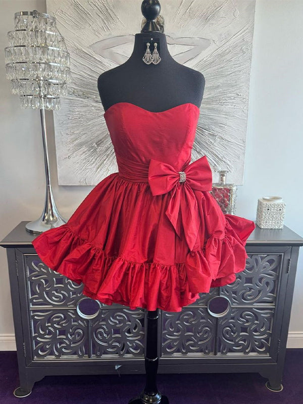 Pink A-Line Strapless Short Satin Homecoming Dress With Bowknot