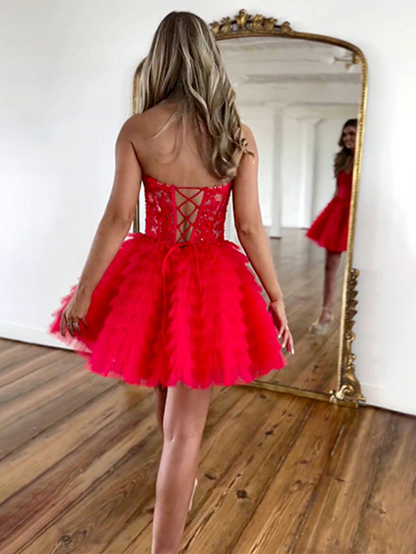 Red A-Line Sweeteart Lace Up Back Short Tulle Homecoming Dress