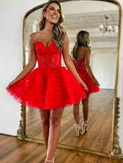 Red A-Line Sweeteart Lace Up Back Short Tulle Homecoming Dress