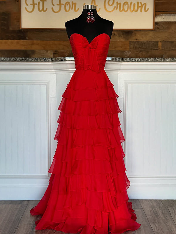 a-line sweetheart floor length tiered chiffon bridesmaid dress Dreamylily Women Fuchsia A-Line Sweetheart Chiffon Tiered Long Prom Dress  with Slit