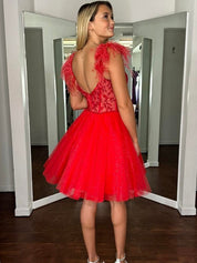 Red A-line Feather Straps Beaded Short Homecoming Dress
