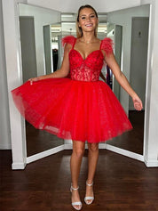 Red A-line Feather Straps Beaded Short Homecoming Dress