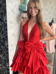 Red A Line Halter Tiered Ruffle Homecoming Dress with Bow