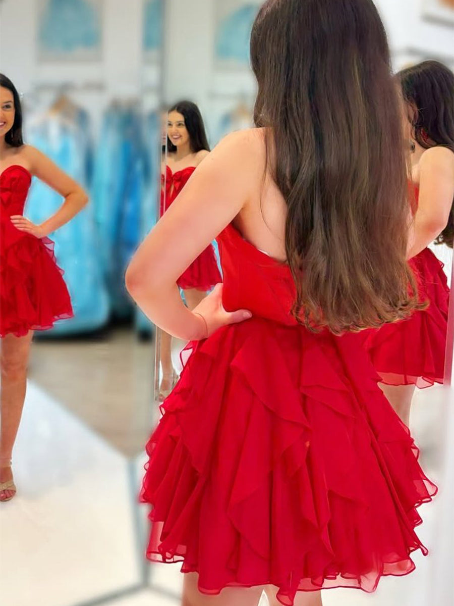 Red A Line Strapless Cut Front Homecoming Dress with Bow