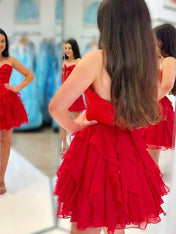 Red A Line Strapless Cut Front Homecoming Dress with Bow