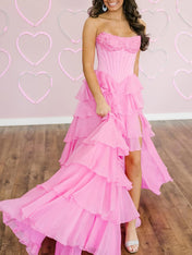 Red A Line Strapless Long Tiered Ruffle Prom Dress