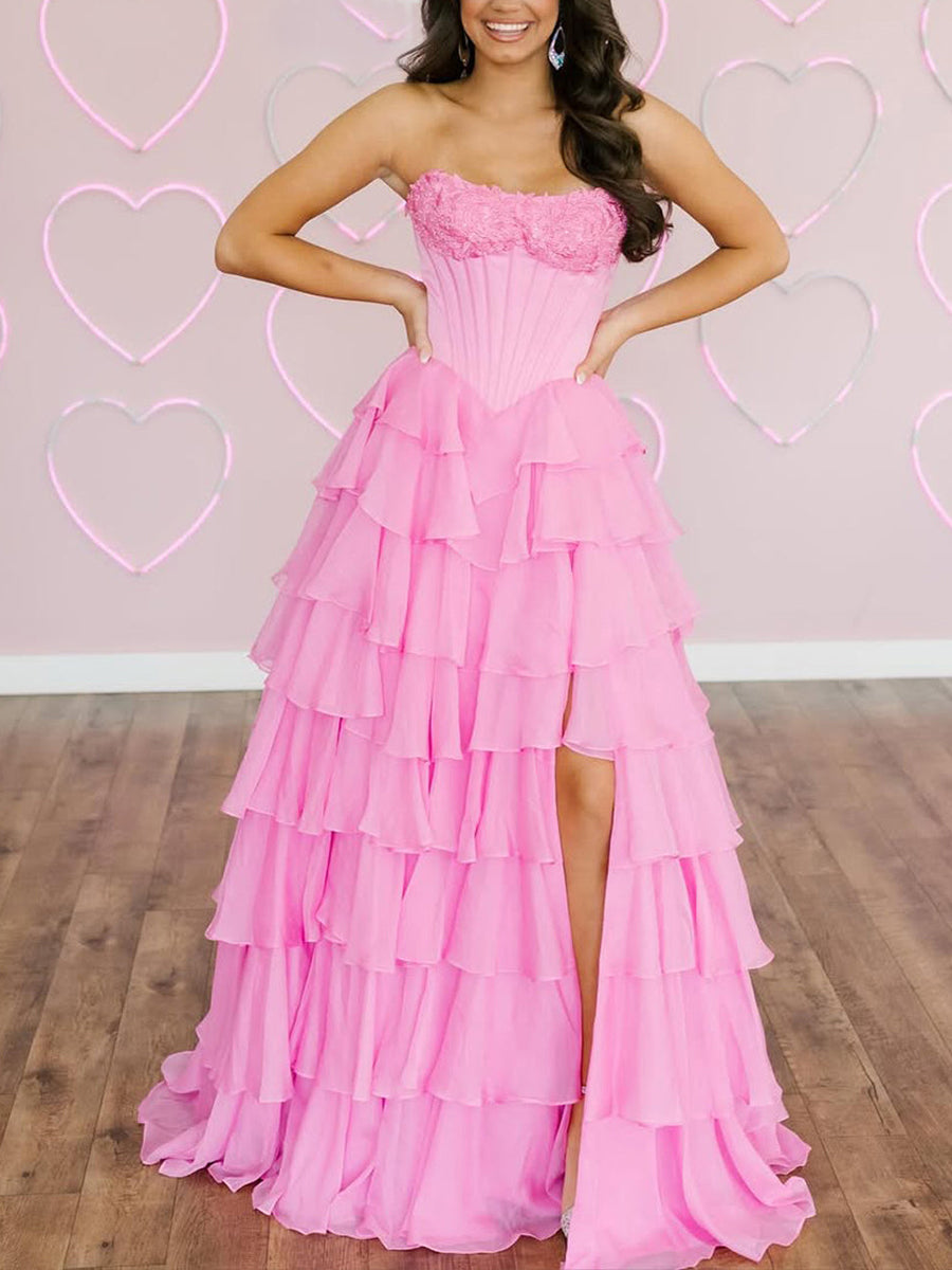 Red A Line Strapless Long Tiered Ruffle Prom Dress