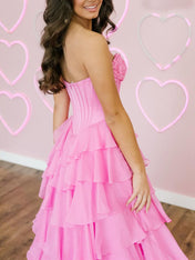 Red A Line Strapless Long Tiered Ruffle Prom Dress