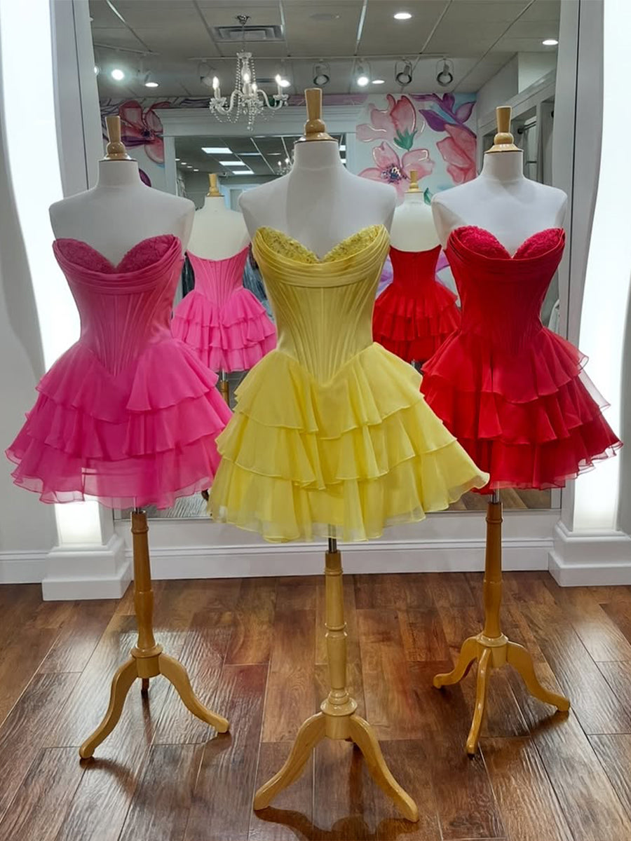 Red A Line Strapless Short Corset Homecoming Dress with Ruffles