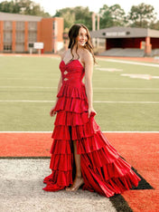 Red A Line Strapless Sweetheart Satin Prom Dress with Keyhole