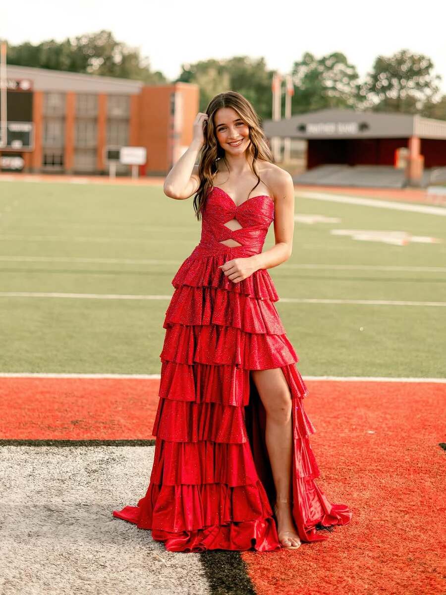 Red A Line Strapless Sweetheart Satin Prom Dress with Keyhole