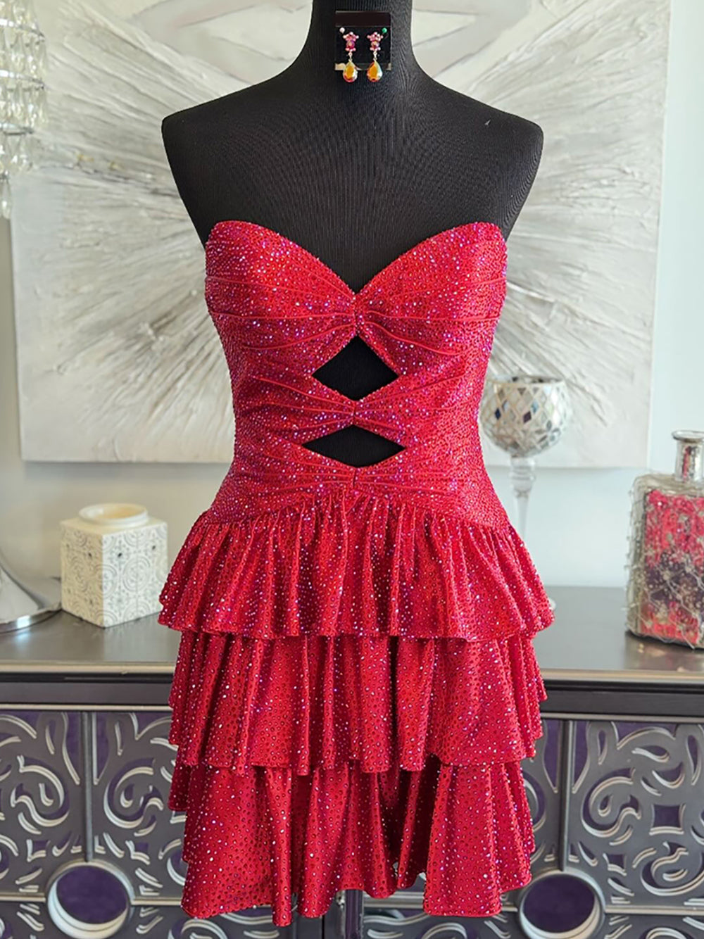 Red A Line Strapless Sweetheart Satin Short Homecoming Dress with Keyhole