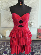 Red A Line Strapless Sweetheart Satin Short Homecoming Dress with Keyhole