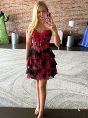 Red A Line Sweetheart Printed Short Homecoming Dress with Ruffles