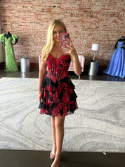 Red A Line Sweetheart Printed Short Homecoming Dress with Ruffles