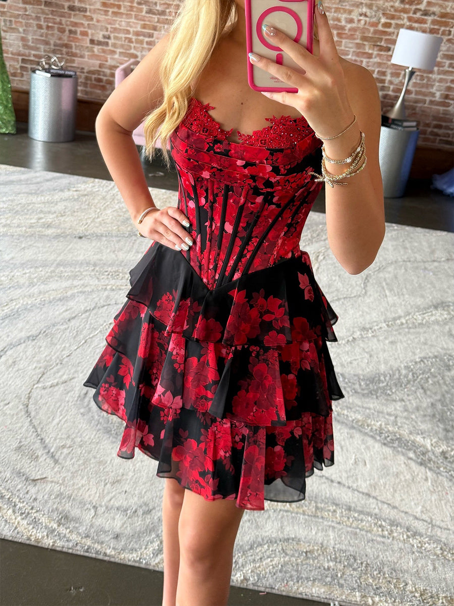 Red A Line Sweetheart Printed Short Homecoming Dress with Ruffles